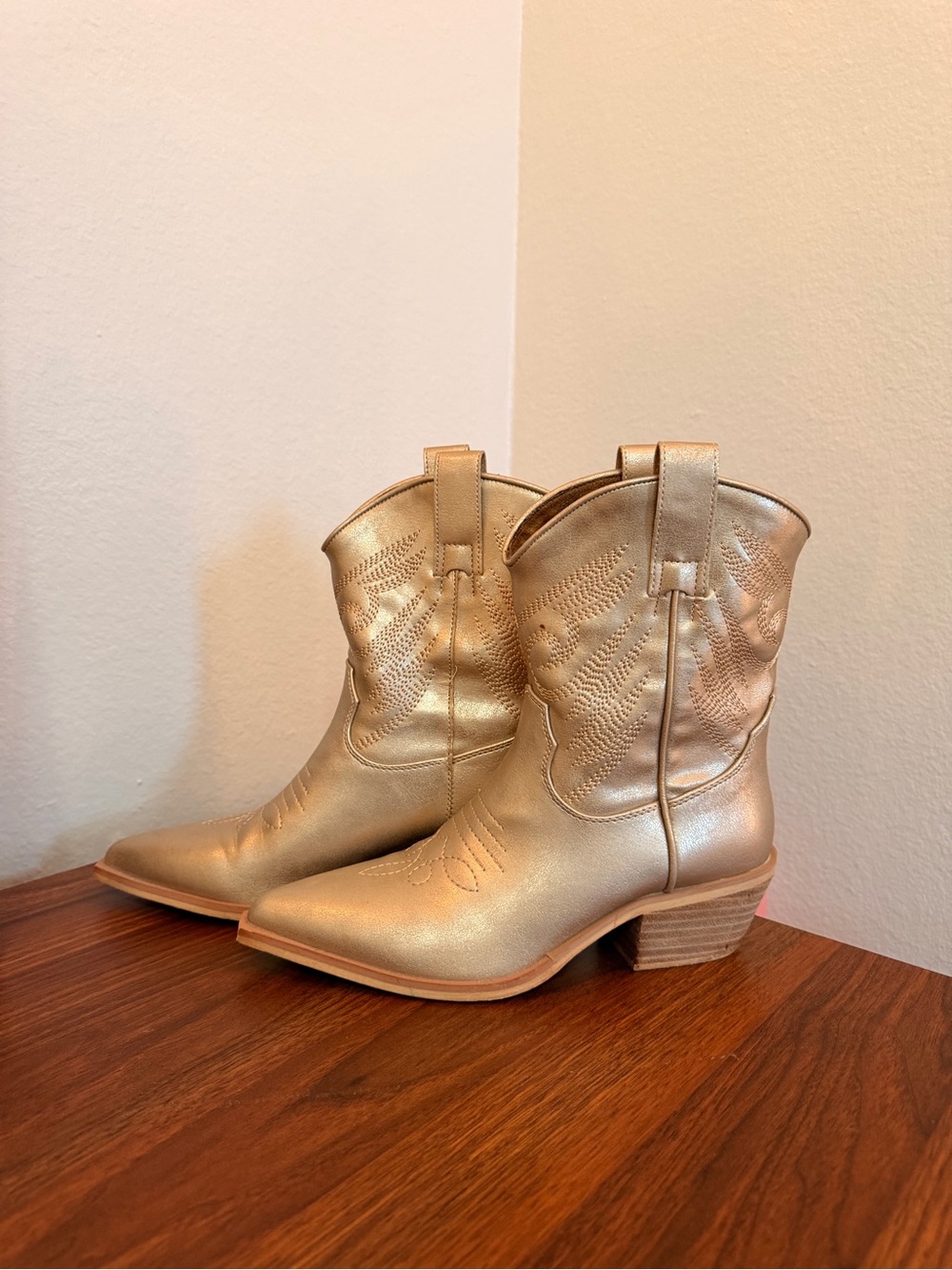 ShuShop Metallic Gold Western Ankle Boots